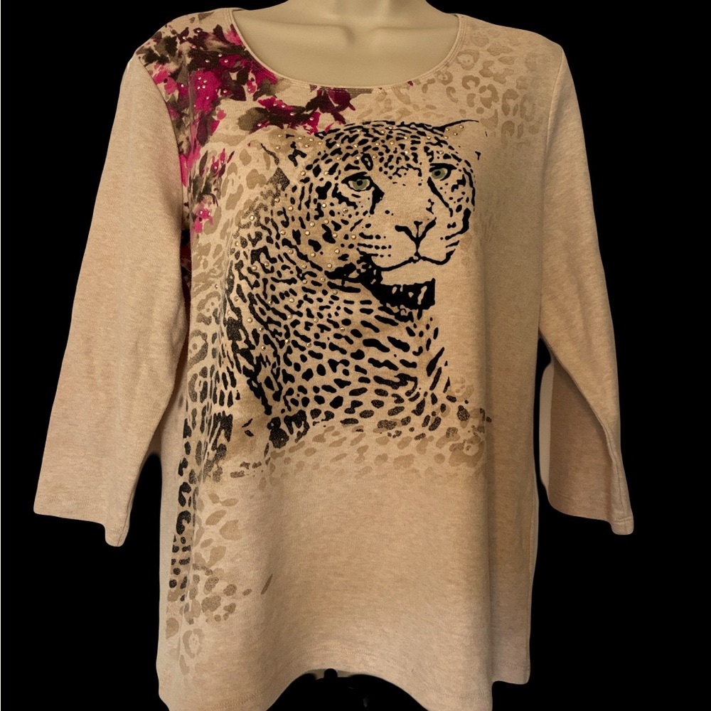 Karen Scott Beige Leopard Graphic Blouse with Purple Floral Detail